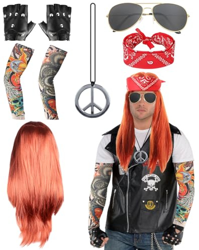 8 Pcs Rock Star Fancy Dress, 70s 80s Rock Wig Set Rockstar Costumes Accessories for Men Women with Gloves Sunglasses Temporary Tattoo Sleeves Necklace Bandana for World Book Day Disco Carnival Party