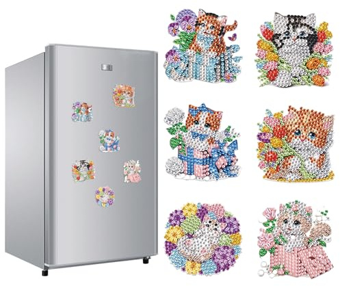 JICFDAO Diamond Painting Magnete Kühlschrank Kits 6 Stück Kühlschrank Magnete Magnetische Kühlschrankaufkleber mit Kristallen Fridge Magnets Handwerk for Zuhause für Pinnwand Whiteboard Katze Blumen