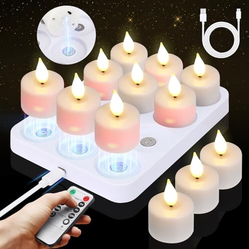 Besight LED Teelichter Wiederaufladbar mit Magnetischer Ladestation, 12er Set Flackernde LED Kerzen mit Timer & 2 Fernbedienungen, Ideal für Weihnachten Halloween Tisch Party Wohnzimmer Zimmer Deko