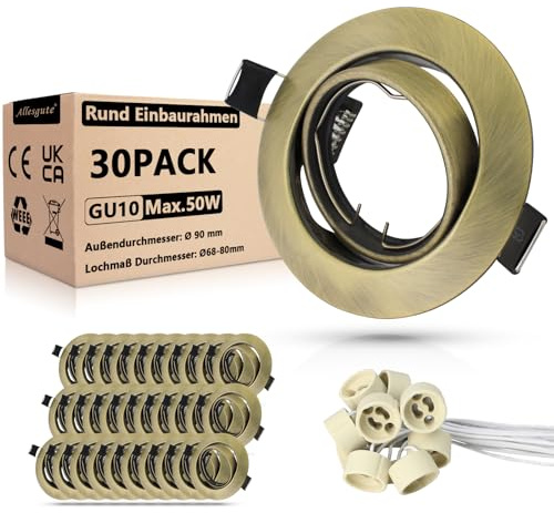 Allesgute 30er Led Einbaustrahler 230V GU10 Set Einbaurahmen Rund Bronze Gebürstet Einbauleuchten 68mm Deckenspots Rahmen inkl. GU10 Fassung für LED oder Halogen, 360° Schwenkbar | Einbauleuchten 68mm Deckenspots Rahmen inkl. GU10 Fassung für LED oder Halogen, 360° Schwenkbar