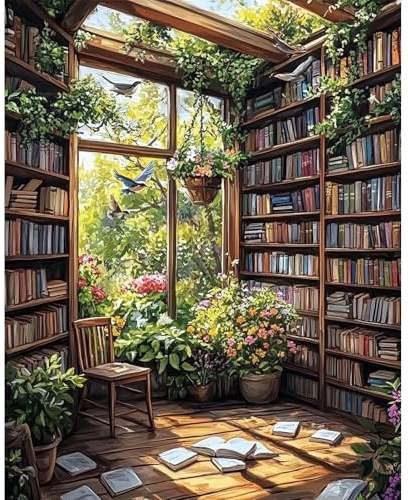 DAERLE Pintar por Numeros Adultos, Biblioteca y plantas, DIY Painting by Numbers Kits, Casa de fantasía, Cuadros para Pintar por Numeros Pinturas Acrilicos, decoración para el hogar 40x50cm Sin Marco