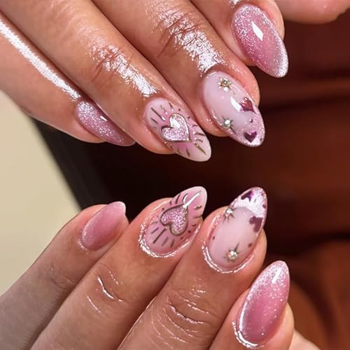 LunarCharm 24 Pieces French Pink Cat Eye Nails Almond Nails Artificial Nails Heart Nail Art, Acrylic Nail Tips to Stick On