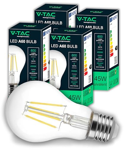 V-TAC 4x Ampoule LED Filament E27 – [ Haute Efficacité 6W ] – A60 – 600 Lumens – (Équivalent à 45W) – Ampoules Basse Consommation – 4000K Blanc Neutre