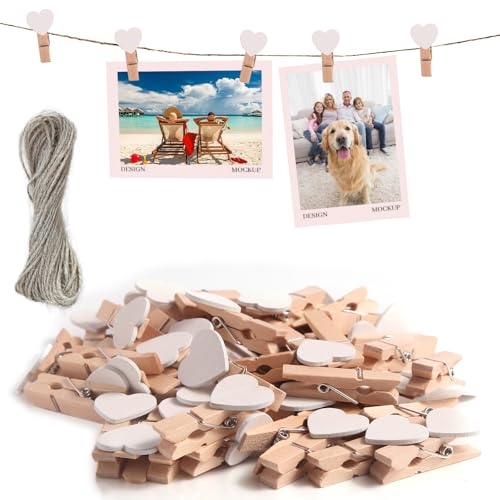 msymsyu Holzklammern 120 Stück Wäscheklammern Holz 3.5x0.7cm mit 50m Schnur | Weißes Herz Holzklammern für Fotos Aufhängen und Postkarten Verwendet Werden und Alle Arten von Partydekorationen