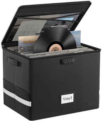 Gemsaya Caja de almacenamiento de discos de vinilo con cerradura, ignífuga e impermeable, caja de almacenamiento de CD de vinilo de 12 pulgadas con capacidad para hasta 150 discos individuales, cajas