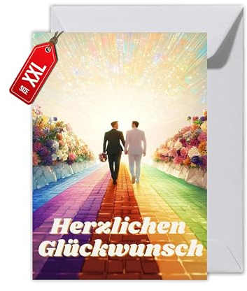 WBdesignz Hochzeitskarte für zwei Männer – „Herzlichen Glückwunsch“ – LGBTQ+ Karte mit Regenbogenweg & Blumen – für Hochzeit, Verlobung oder Partnerschaft (XXL DIN A4, LGBTQ+ Love)