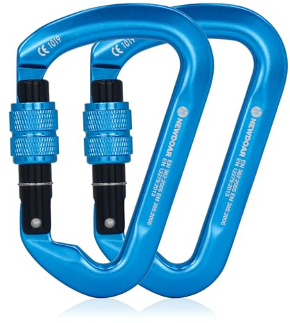 NewDoar 30KN CE-zertifizierter Kletter Karabiner Professioneller Hochbelastbarer D-Schraub Karabiner mit Verriegelungsclip für Felsklettern, Abseilen, Rettung, Bergsteigen, Abseilen-Blau/2 Stück