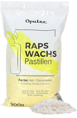 Oputec 900g Kerzenwachs-Pastillen – Kerzenwachs zum Gießen aus Raps – cremefarbenes Wachs für Kerzen selber machen & nachfüllen – eigene Kerzen aus natürlichem Rapswachs-Pastillen – Made in Germany