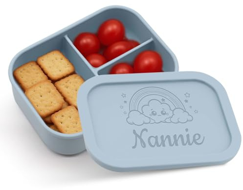 Personalisierte Silikon Bento Box,Lunchbox mit eingraviertem Namen,Individuell gestaltbare Silikon-Snackbox mit 3 Fächern,Hitzebeständig und kühlschrankgeeignet,Geeignet für Picknicks,Graublau