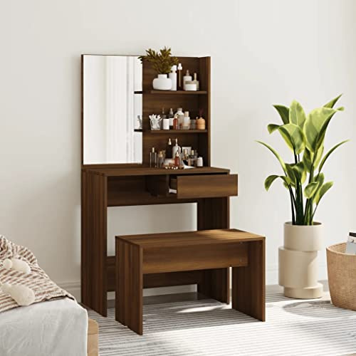 HaoChrymec Set Da Toeletta in Legno Effetto Rovere Marrone, con Specchio e Sgabello, Ampio Spazio di Archiviazione, Toilette da Trucco Moderna, Postazione Make Up per Camera da Letto, 74.5x40x141 cm