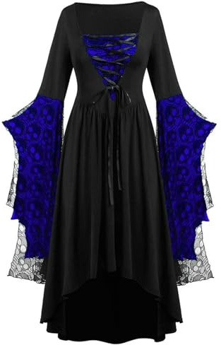 Generisch Vêtements gothiques pour femmes Halloween en dentelle squelette punk robe grande taille rétro costume médiéval (bleu foncé, M)