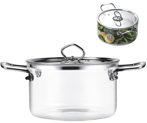 Pentola in vetro, pentola a fuoco lento trasparente da 2, 5 litri con doppio manico in acciaio inossidabile, pentole vetro resistente al calore con coperchio per cucinare pasta, tagliatelle, zup