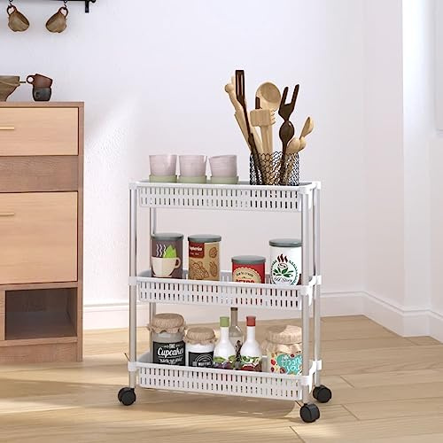 EDNRSOG 3-Tier Storage Trolley in Silver and White, 4 Smooth Wheels for Easy Mobility, Compact Organizer Cart with Spacious Shelves for Kitchen Bathroom Living Room, Durable Aluminum