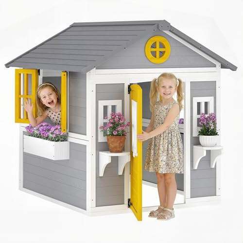 Outsunny Barnlekhus av trä utomhus med fönster, dörr gul | Blomhylla, växtlåda, trädgårdshus, för barn 3–8 år