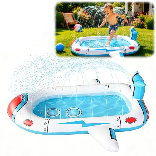 Panemy Piscine Gonflable pour Enfants, Pataugeoire avec Arroseur et Fontaine, Jeu d'eau Extérieur de Jardin, Familiale (Bleu Blanc, 180 * 160CM)