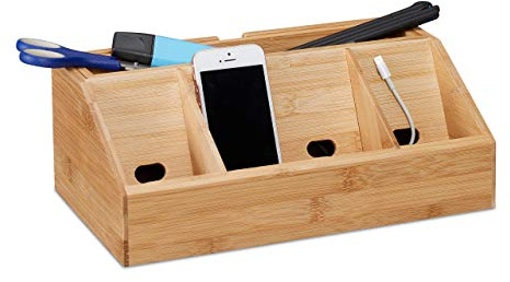 Relaxdays bambu H x B x D: ca 11 x 30 x 17,5 cm inklusive mobiltelefonhållare, även som laddningsstation, förvaringslåda, kontor med 5 fack, naturligt skrivbordsförvaring, 17,5 x 30 x 11 cm