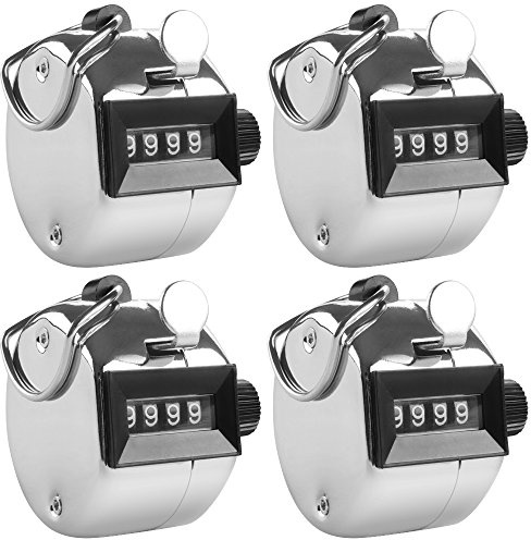 AFUNTA 4 Digit Manual Counters, Set of 4 Mechanical Hand Numerators with Ring Hoop Finger Holder for Sport Golf Step Count - Silver