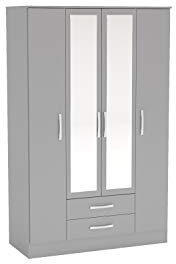 Birlea Lynx 4-Door 2 Drawer Wardrobe with Mirror-High Gloss, Grey
