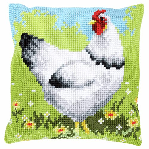 Vervaco Kreuzstich Stickpackungen Kissen Stickerei Set Anfänger Vorgedruckt Huhn DIY Set Kreativ Set Für Erwachsene Dekoratives Kissen ca. 40 x 40 cm Bastelset Handwerker Haus Dekoration