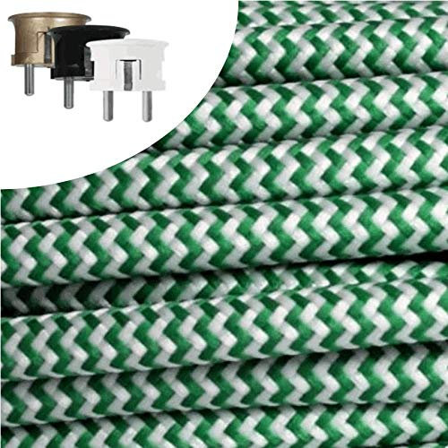 Textilkabel, Stoffkabel, Verlängerung 3 METER Farbe Grün/ZickZack 3 adrig 3 x 0,75 mm² rund wahlweise mit Schukostecker (3 mtr. Schukostecker Rund gold)