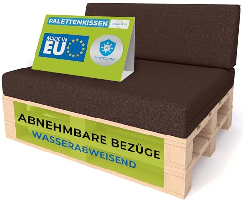 Pillows24 Palettenkissen 2er Set, Wasserabweisend & UV-fest, Waschbar | Palettenkissen Outdoor für Europaletten 120x80, abnehmbarer Bezug, Palettenuflage für Palettensofa, Made in EU, Braun