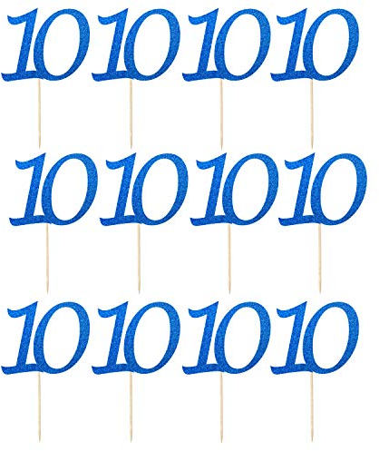 LissieLou Number 10 Cupcake Toppers Pack of 12 in Pretty Glitter Card, Made in the UK - Dark Blue