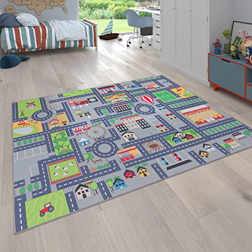 Paco Home Spielteppich Kinderteppich Kinderzimmer Straßenteppich Straßen Design rutschfest In Grau, Grösse:200x290 cm