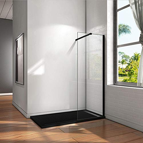Parete Doccia 110x200cm Walk in vetro 8mm Barra 73-120cm | Anticalcare, Trasparente Vetro Temperato, Telaio Nero Opaco