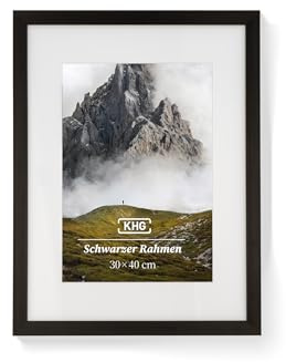 KHG Premium-Bilderrahmen 30x40 cm schwarz, stabile Glasfront, für Zuhause | hochwertiges Passepartout & MDF-Holzrahmen für Fotos, Poster, Zertifikate & Collagen, vielseitig einsetzbar