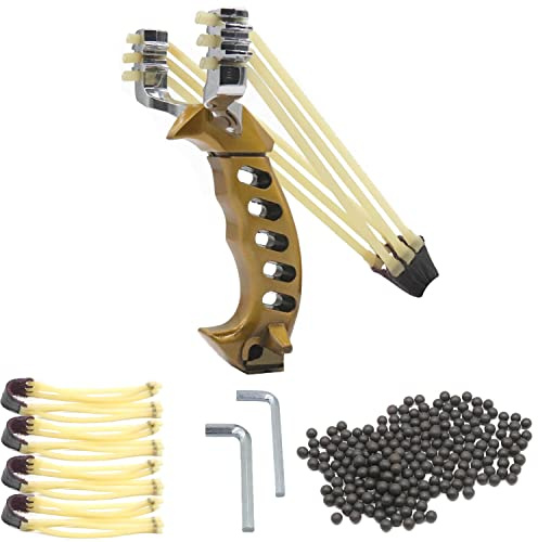 AUVIM Steinschleuder Set Hochgeschwindigkeits-Jagd Schleuder Katapult-Schleuder mit 200 Munitionsbällen und 4 Gummibändern für Kinder/Kinder/Erwachsene im Freien (Golden)