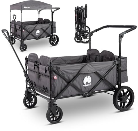 elvent® WagonPro Premium Bollerwagen | Handwagen faltbar mit Dach I 4 Sitzplätze I Sitzpolster, Hecktasche, Off-Road-Reifen, Feststellbremse, 5-Punkt-Gurte I Für bis zu 4 Kinder (Grau)