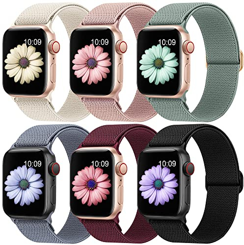 Higgs 6 Pack Stretchy Nylon Strap Compatible with Apple Watch Straps 38mm 40mm 41mm 42mm 44mm 45mm 46mm 49mm, Adjustable Sport Elastic straps for iWatch Series 11/10/9/8/7/6/5/4/3/SE Ultra3 2 1