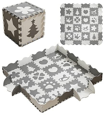 MUSOLEI Alfombra Puzzle Niños Alfombrilla Puzzle Infantil con Valla 16+20 Piezas Juego Suelo Gateo Colchoneta Rompecabezas Acolchado142×142×1cm