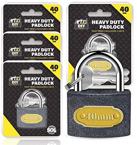 SOL 4pk Heavy Duty Padlock – 40mm Outdoor Lock Set with 12 Keys – Strong Security Solution for Shed, Gate and Fence – Durable Weather Resistant Design for Home, Garden and Storage Use