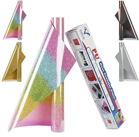 VEGIXO Heat Transfer Vinyl - Rainbow Glitter HTV, 12in x 8ft Roll for Cricut & Heat Press, Easy to Cut & Weed