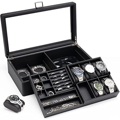 Vlando Uhrenbox Uhrenkasten mit Glasdecekel, Watch Box für Herren, Uhrenaufbewahrung Schmuckaufbewahrung, Multifunktionale Uhrenvitrine mit 6 Uhrenkissen