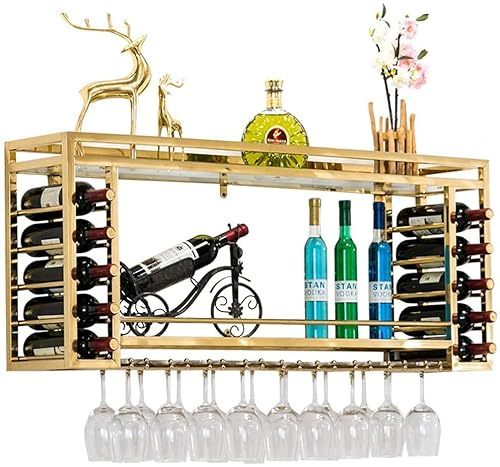 Weinregal, wandmontiertes Weinglasregal, 2-lagiges Edelstahl-Weinflaschenregal für den Haushalt, Weinschrank mit Glashalter und Regal für Bars, Häuser, Küche und Esszimmer, Heimdekoration The New
