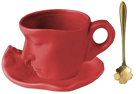Fukamou Kiss Kaffeetasse Mit Untertasse Und Löffel, Einzigartige Mann Gesicht Tasse Teetasse Und Untertasse Set, Küssen Becher Set, Kreatives Geschenk
