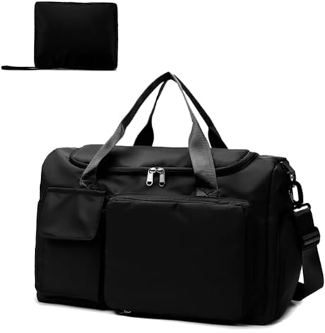 HYCOPROT Sporttasche Reisetasche für Damen und Herren, wasserdichte Sporttasche mit Schuhfach Nassfach, Faltbare Reise Übernachtungstasche für Sport, Reisen, Training （Schwarz）