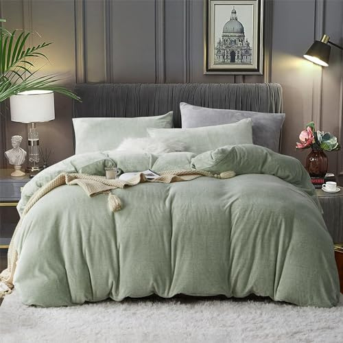 YASMENG Fluffy Velvet Duvet Cover Set Sage Green Queen Size Fall Winter Soft Warm Flannel Comforter Cover Light Green 90 x 90 Luxury Cozy Plush Fleece Full Reversible Bedding Duvet Cover Set 3pcs