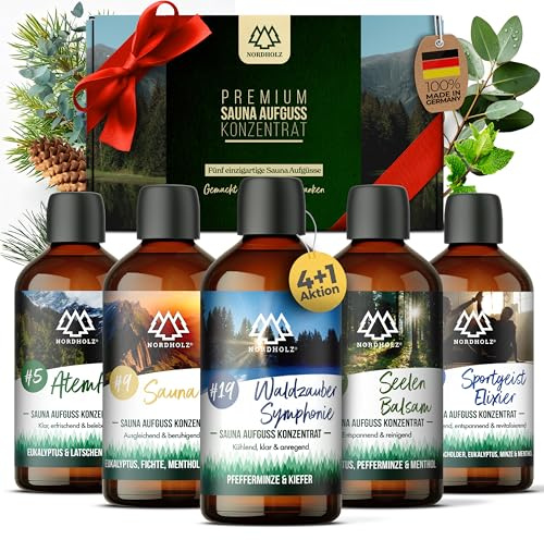 NORDHOLZ® Saunaaufguss Set [5x100ml Atemfrei] besonderes & natürliches Sauna Aufgussmittel - intensiver & erholsamer Duft - Sauna Zubehör