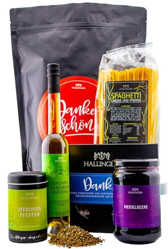 Hallingers Genuss Manufaktur Feinkost Dankeschön-Geschenk-Set - XXL-Wundertüte Dankeschön großes Mitbringsel Schokolade, Spaghetti, Pfeffer, Olivenöl & Konfitüre, Geschenkidee für Frauen Männer