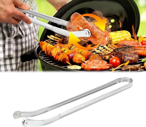 BBQ Sausage Turning Tongs für Grillen - Drehbar, mit Rädchen, Edelstahl - Lange Küchenzange für Partys/Gärten (Silber - 1Pc)