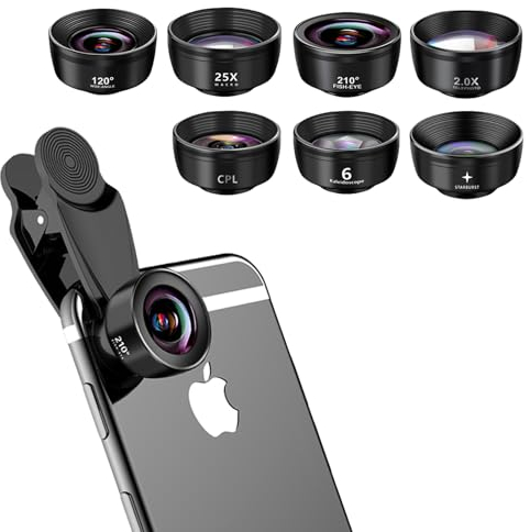 Kakotopa 7-in-1 Mobile Phone Lens Kit: 120° Wide-Angle, 25X Macro, 210° Fisheye, 2X Telephoto, CPL, Starburst, Kaleidoscope Lenses for iPhone/Android/Tablet