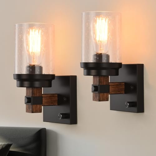 DIMMABLE Rustic Wall Sconces Set of 2, Farmhouse Modern Wood Grain Vanity Light Fixtures Over Mirror with Seeded Glass Shade, Vintage Retro Black Wall Lamps for Living Room Bedroom Bathroom Bedside