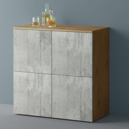 Mai & Mai Sideboard 76cm Kommode 4 Türen Soft-Close grifflos Stauraum | Sideboard Wohnzimmer, 4 Stauräume, verstellbare Füße, Flurschrank, Kerneiche + Beton, BxTxH:76x36,4x74cm, Schrank04