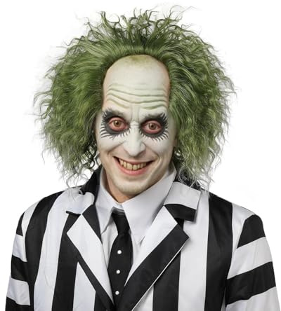 PORSMEER Parrucca corta verde con clown calvo per uomo, costume da Beetlejuice, vestito per Halloween, costume per film, parrucca corta riccia da uomo