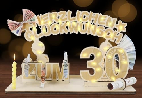SALUOKE 30 Geburtstag Geldgeschenke mit LED Lichterkette, Geschenke zum Holz 30 Geburtstag Deko für Frau & Mann