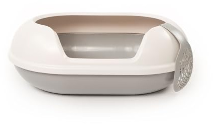 LucyBalu® Arena Katzenklo stylische Designer-Form – Grau/Weiß | Offene Katzentoilette mit niedrigem Einstieg und hohem Schutzrand, aus recyceltem Kunststoff, inkl. Streuschaufel