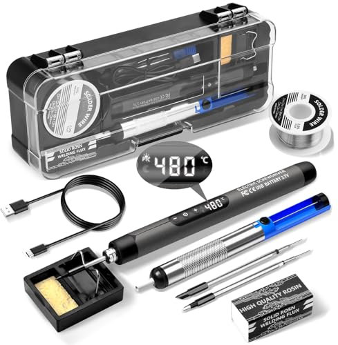 Daakro Akku Lötkolben Set - USB Kabelloses Lötkolben Set, Drahtloses Lötstation Set mit Einstellbarer Temperatur, 3 Lötspitzen, Lötdraht, Lötpaste, Lötset für Elektrische Arbeiten (Grau)